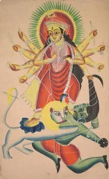 Durga,Göttin der Vollkommenheit im Hinduismzs, tötet den Dämon Mahisha, c. Stock Photos