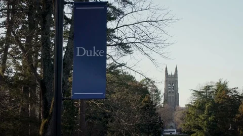 Durham, NC - February 3 2020: Duke University banner with admissions castle Stock Footage