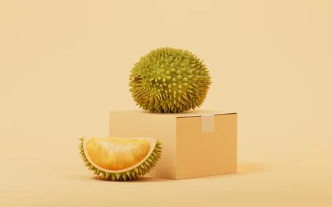 Durian with cargo box, 3d rendering. Stock-Illustration
