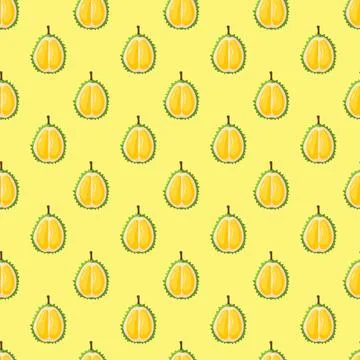 Durian fruit flat seamless pattern on yellow background. Stock Illustration