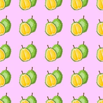 Durian fruit flat seamless pattern on pink background. Stock Illustration