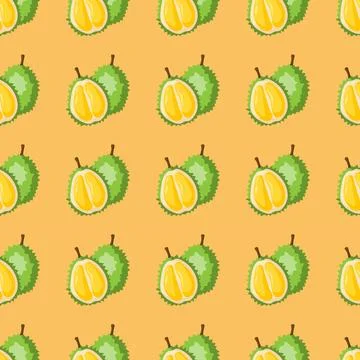 Durian fruit flat seamless pattern on orange background. Stock Illustration