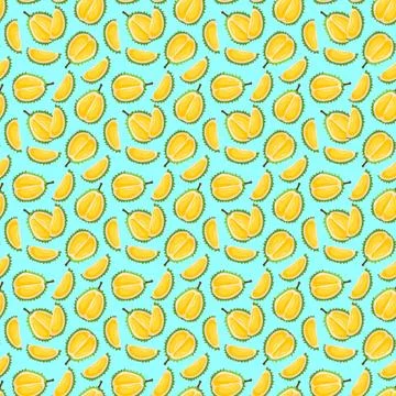 Durian fruit flat seamless pattern on blue background. Stock Illustration