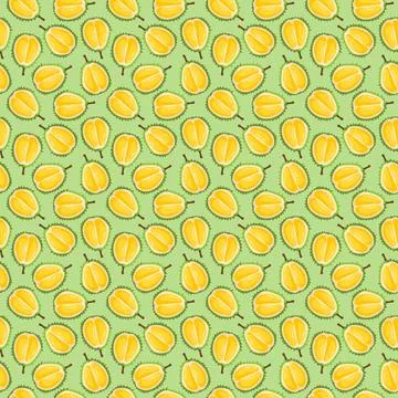 Durian fruit flat seamless pattern on green background. Stock Illustration