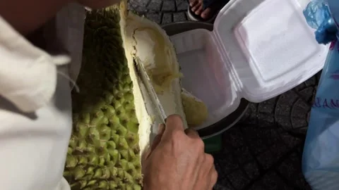 Durian packaging preparation fruit and vegetable shop keeper preparing and Stock Footage 308139009