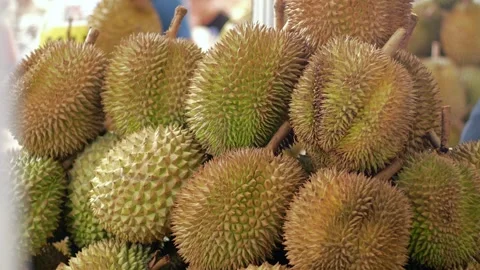 Durians displayed on fruit showcases at a fruit stall in asia traditional m.. Stock Footage 326307916