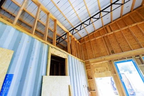 During construction in process reconstructing interior of warehouse a large room 스톡 사진