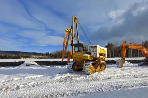 During construction work on gas pipelines in remote, areas, pipes are laid .. 写真素材