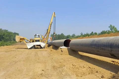 During construction work on gas pipelines in remote, areas, pipes are laid .. Фото