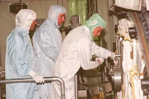 During the Crew Equipment Interface Test (CEIT) in the payload bay of Disc... Stock Photos
