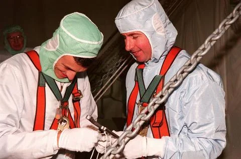 During the Crew Equipment Interface Test (CEIT) in the payload bay of Disc... Stock Photos