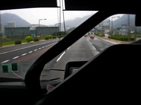 During the day, seen from inside the shuttle bus and the we Stock Photos