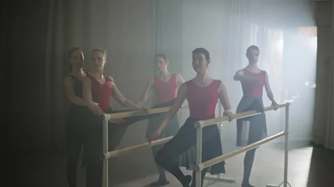 During group classes of ballerinas with a coach at the ballet barre. Video stock 243561994