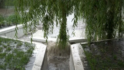 During heavy rain a rapid stream of muddy water flows into the river through  Video stock 141931461