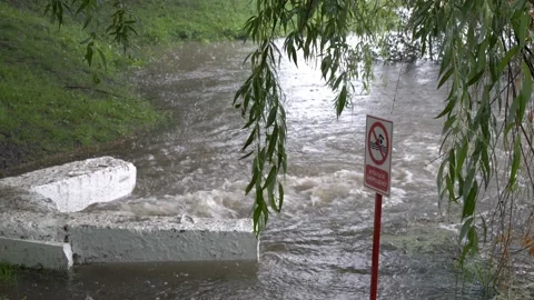 During heavy rain, a stream of dirty water from a sewer drains into the river Video stock 124894721