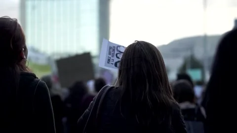 During a protest on the International Women's Day, a group of women is Stock Footage 146499626