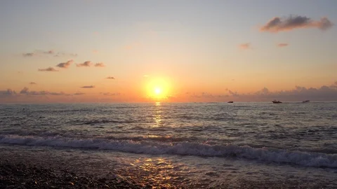 During purple evening sundown on horizon, beautiful scenery of tranquil seascape Stock Footage 124094959