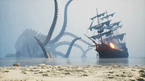During a raging storm and tempest, a colossal Kraken, a medieval ship's bane Stock Footage 251679782