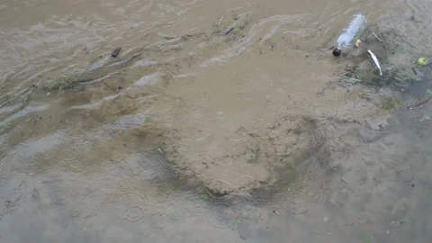 During the rain, plastic garbage floats on the surface of a muddy river. Concept Video stock 143146984