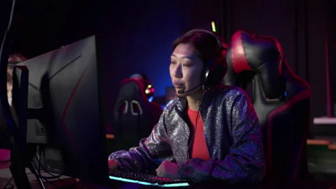 During a team training session at an esports base, the girl watches a stream 스톡 동영상 151489034