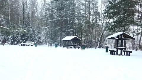 During the winter season, a beautiful layer of snow blankets the picnic area nes Stock Footage 344031060