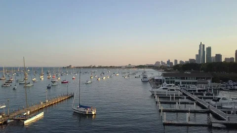 DuSable Harbor and Lakefront Trail Drone Video Downtown Chicago Illinois USA Stock Footage 129072325