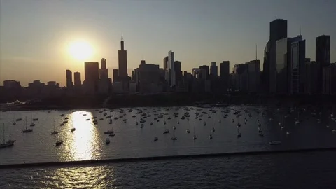 DuSable Harbor and Lakefront Trail Drone Video Downtown Chicago Illinois USA Stock Footage 129072457