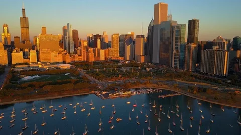 DuSable Harbor and Lakefront Trail Drone Video Downtown Chicago Illinois USA Stock Footage 129104429