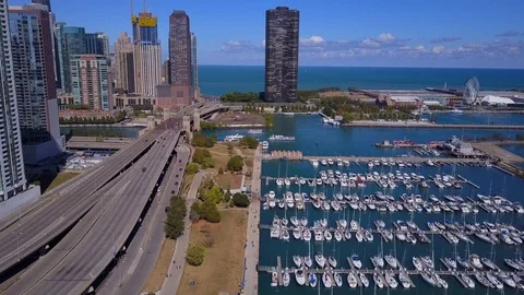 DuSable Harbor and Lakefront Trail Drone Video Downtown Chicago Illinois USA Stock Footage 129108197