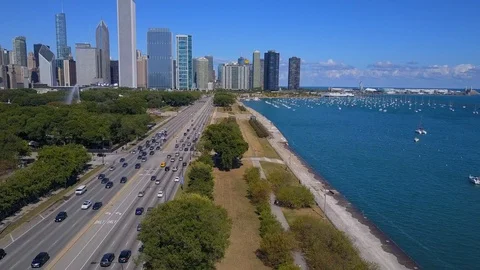 DuSable Harbor and Lakefront Trail Drone Video Downtown Chicago Illinois USA Stock Footage 129109022