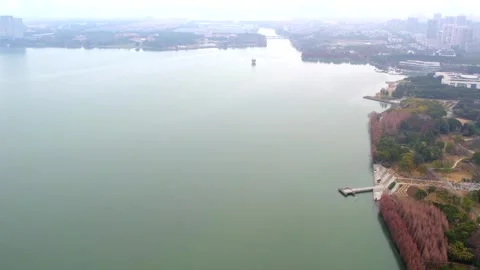Dushu Lake Gothic Cathedral And Waterfront 4K Aerial Video stock 320855503