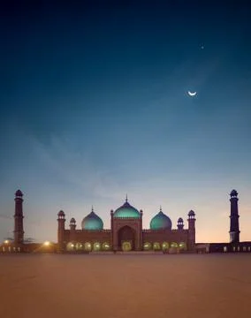 Dusk and Blue Hour at Islamic Badshahi Mosque Lahore Stock Photos