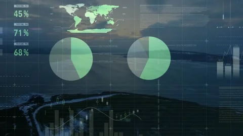 Dusk animation starting clear overlay fading adding pies, bars, map, settling Stock Footage 321978878