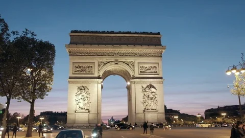 Dusk Arc De Triomphe Tracking Right Halfway Across Champs Elysees Paris 1st Half Stock Footage 93387420