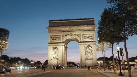 Dusk Arc De Triomphe Tracking Right Halfway Across Champs Elysees Paris 2nd Half Stock Footage 93387463
