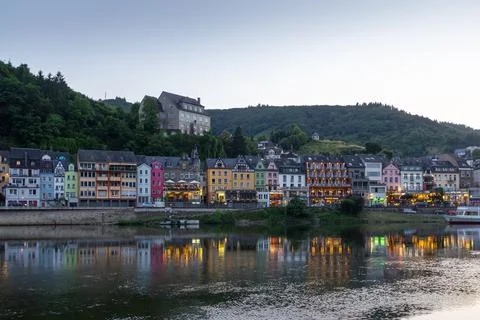 Dusk is breaking over Cochem in the Eifel valley Stock Photos