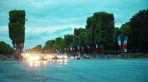 Dusk on Champs Elysees Stock Footage 55380026