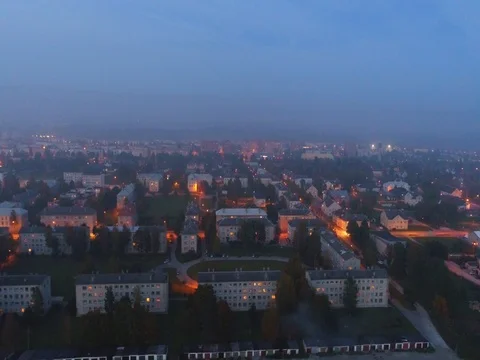 Dusk city night skyline streets aerial view. Stock Footage
