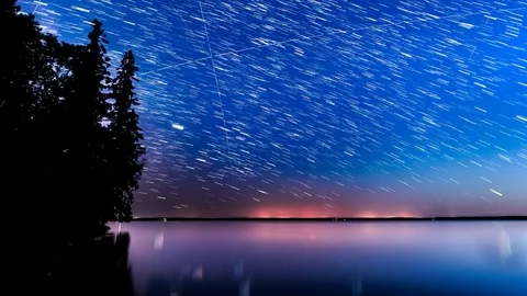 A dusk to darkness star trails time lapse of the Milky Way with pine trees Stock Footage 119387678