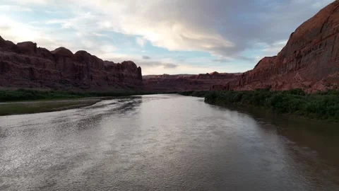 Dusk drone flight over the Colorado River near Moab Utah Stock Footage 340580326