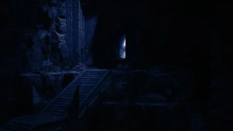 Dusk emerges vividly. Cool blue glow illuminates shadowed passageways Видео 341825826