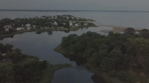Dusk flyover of small ocean town- Rhode Island Video stock 108553027