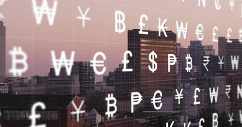 Dusk glow activating currency layer, symbols drifting right, flickering, Stock Footage 321979195