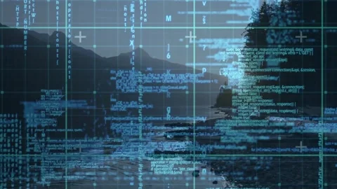 Dusk holding before grid emerging across river shoreline, streaming code Stock Footage 319801036