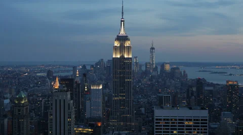 Dusk Light Aerial View New York City Downtown Skyline Empire State Building Stock Footage 32503587