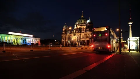 Dusk to Night Time Lapse of Berlin Skyline Cathedral Building Car Traffic Street Stock Footage 109297421