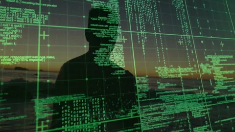 Dusk ocean view shifting to code grid, silhouette absorbing streaming data for Stock Footage 311084787
