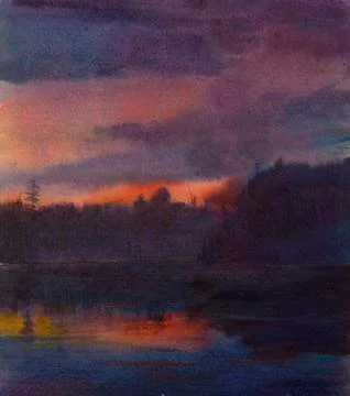 Dusk over the lake Stock Illustration