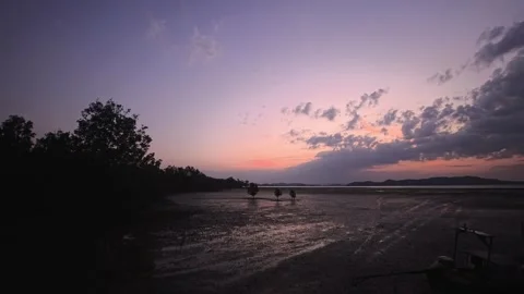 Dusk over tropical beach with tidal flat, pastel sky and tropical sea Stock Footage 332212502