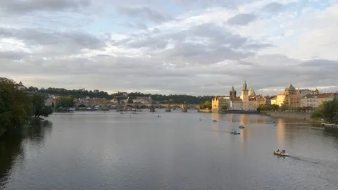 Dusk over the Vltava River, Prague, Czech Republic Stock Footage 117180108